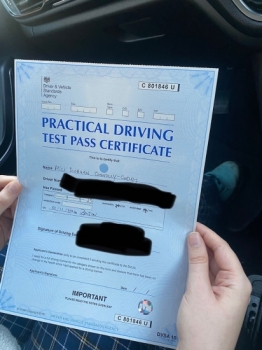 Very well done to and extremely nervous Siobhan for passing her practical test first time at Bolton on 22/11/21.